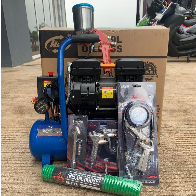 NEW PROMO GRATIS ONGKIR MESIN paket Kompresor Angin / Kompresor Udara lengkap 6 ITEM tukang cat/bengkel motor mobil Mesin Kompresor Listrik Oilless Silent 9 Liter 1hp ada spray gun F 75 + selang kompresor 6m + Alat Pengisi Angin ban Semprotan Angin Komp Harga 1,195,800 rupiah*Gratis Ongkir