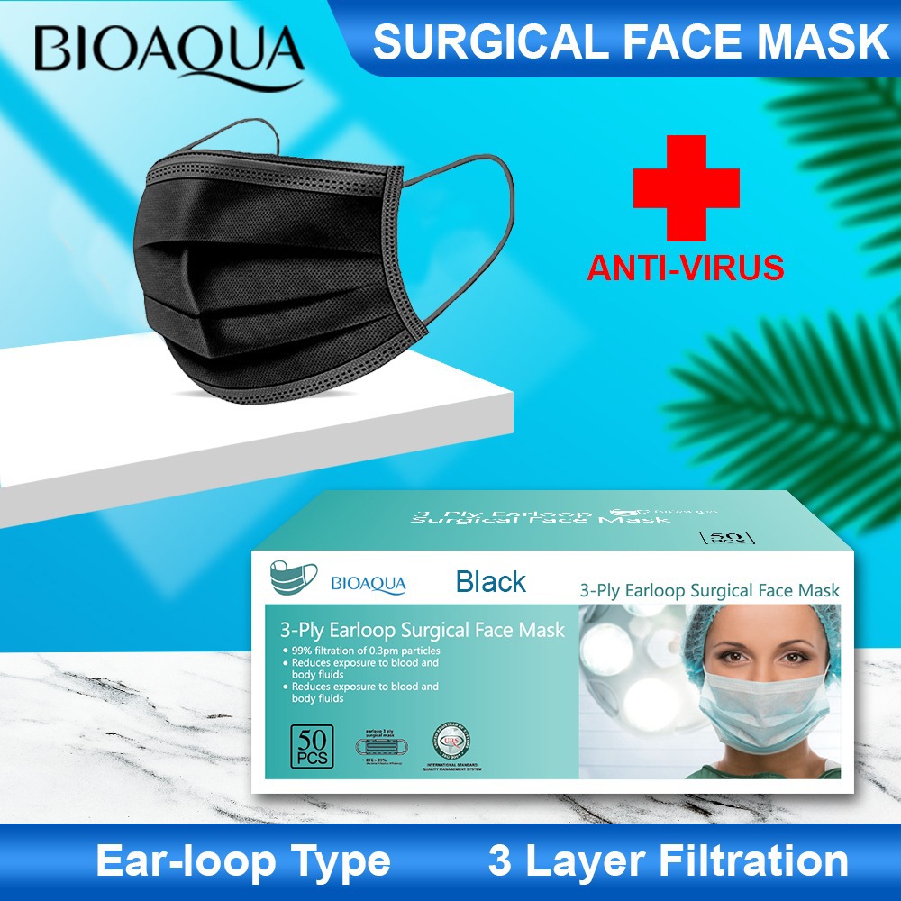 BIOAQUA Official READY 1 Box isi 50pcs Masker Hitam 3Ply Mulut Wajah Medis Disposable Medical Face Mask Masker Kesehatan 3 Ply Masker Earloop isi 50 pcs PROMO FLASH SALE