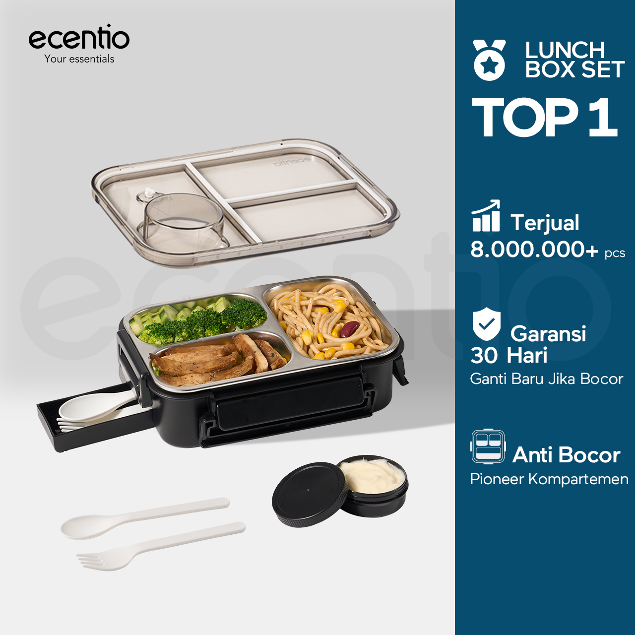 【2.0 anti tumpah】ecentio lunch box stainless 800ml sekat 3 dengan sendok sumpit free kotak sauce kecil Harga 105,000 rupiah*Gratis Ongkir