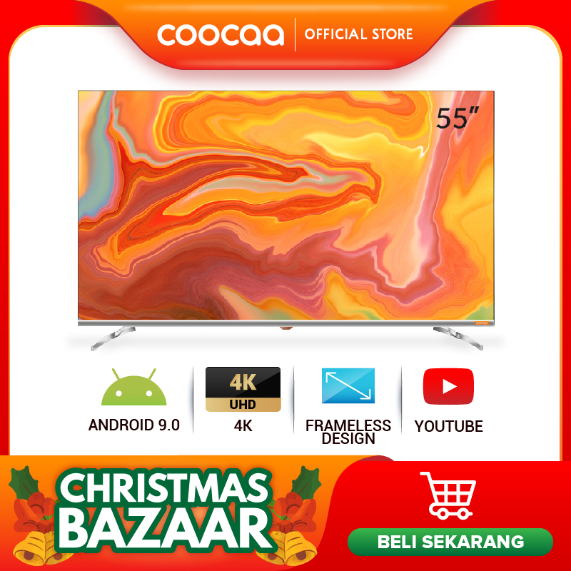 COOCAA LED TV 55 inch - 4K / UHD - Smart TV - Android 9.0 - Dolby - Frameless Design with Infinity View - Netflix & Youtube - Support Disney+ Hotstar - Wifi - Bluetooth (Model 55S6G)