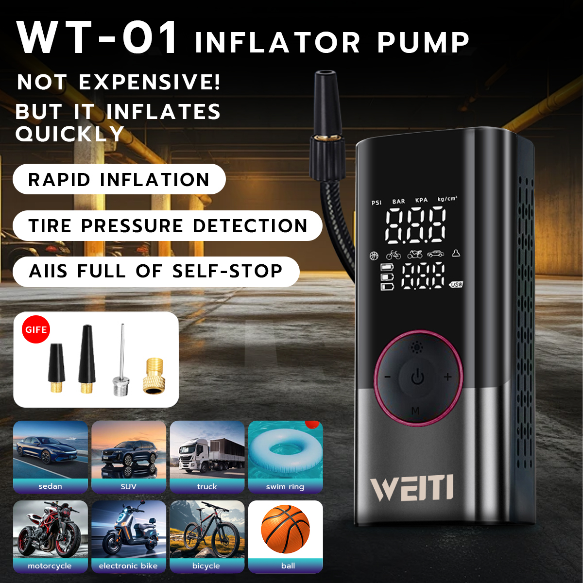 Pompa Ban Elektrik WT-01 Udara Portable Air Pump Automatic Stop Bisa Cek Tekanan Angin for motor dan mobil electric tampilan digital LED Harga 312,620 rupiah*Gratis Ongkir