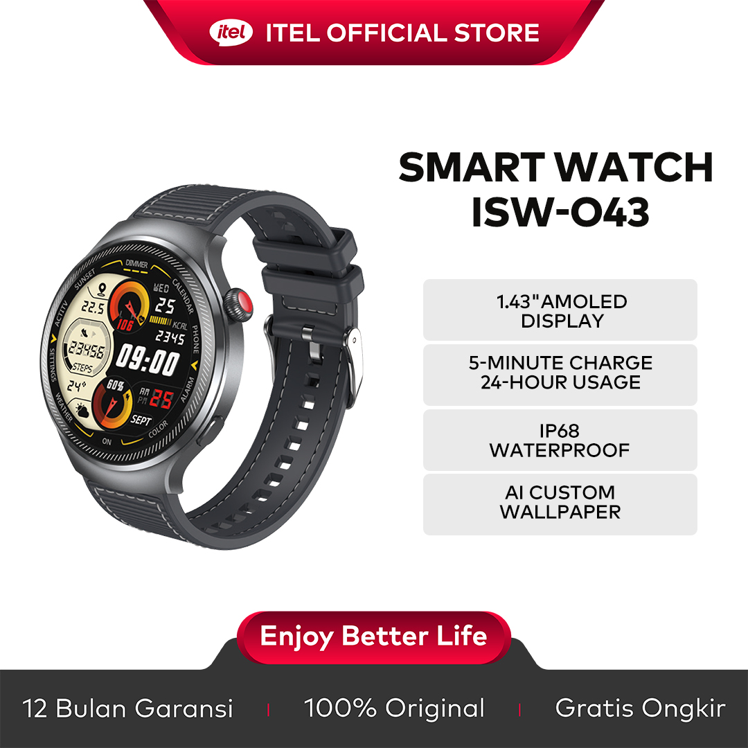 Itel official smartwatch O43 Max smart watch 1.43 inch AMOLED touch screen jam tangan Pria fitness tracking Harga 369,000 rupiah*Gratis Ongkir