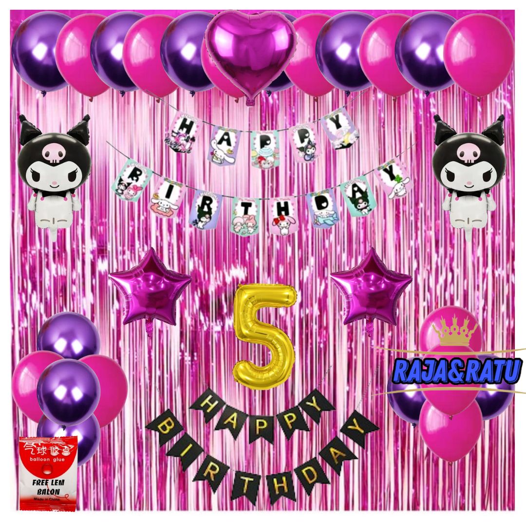 Paket Set Dekorasi Pesta Ulang Tahun Anak Mix Banner Happy Birthday Kuromi Balon Pink Ungu Ultah