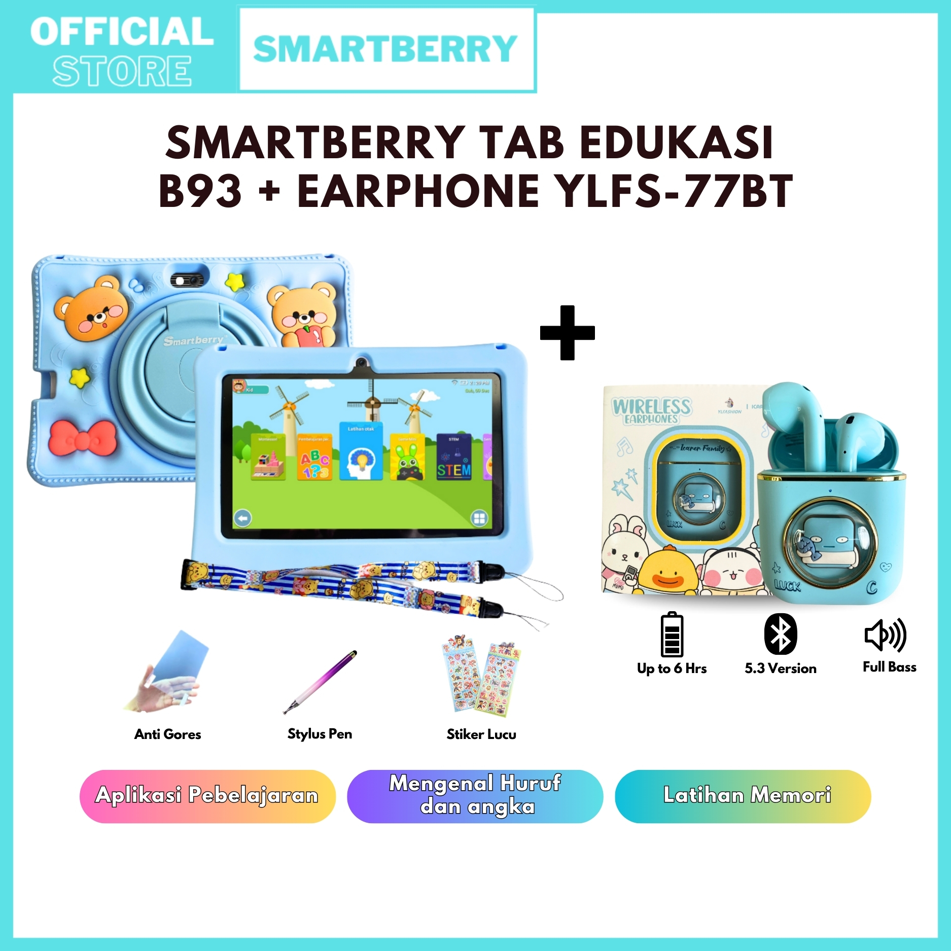Smartberry Kids Study Tab B93 + Tws Ylfs-77Bt (Combo Package) Android 14 / Children's Educational Tablet / Bluetooth Headset Harga 869,999 rupiah*Gratis Ongkir