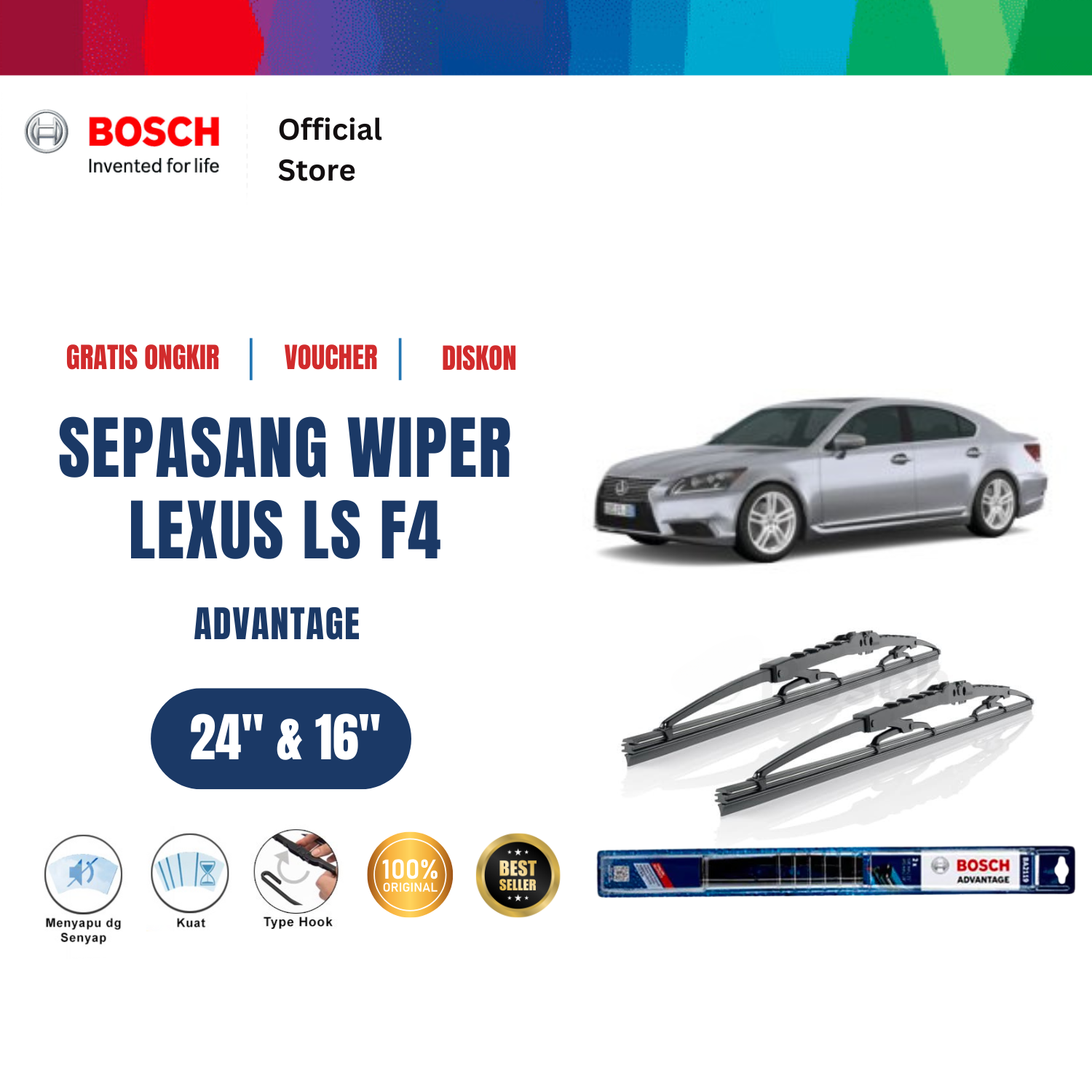 Bosch Sepasang Wiper Kaca Mobil Lexus LS F4 2006 on Advantage 24 dan 16 inchi Harga  134,130 Ringgit*Penghantaran Percuma