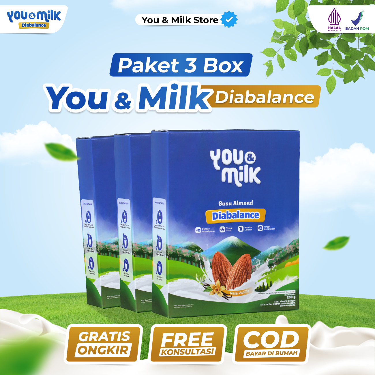 You & milk diabalance 3 box almond milk saving pack help overcome diabetic blood sugar keep heart health Harga 252,000 rupiah*Gratis Ongkir