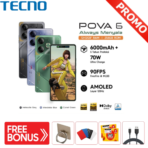 Tecno Pova 6 - 12+12Gb*+256Gb, 70W Ultra Charge + 6000Mah + 5 Years Protection, 120Hz 6.78" Fhd+ Amoled, 90Fps Gyroscope, Dual Speaker Dolby Atmos, Ultra Thin Body, 108Mp Ultra Vivid Camera, Android 14 - Always on Harga  2,150,000 Ringgit*Penghantaran Percuma