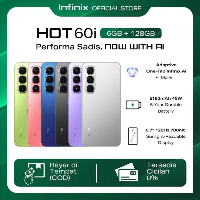 Infinix Hot 60i 6/128GB-up to 12GB extended RAM - Helio G81 - 6.7 inch 120Hz HD + - 50MP - 5160 mah-NFC Harga  1,475,000 Ringgit*Penghantaran Percuma