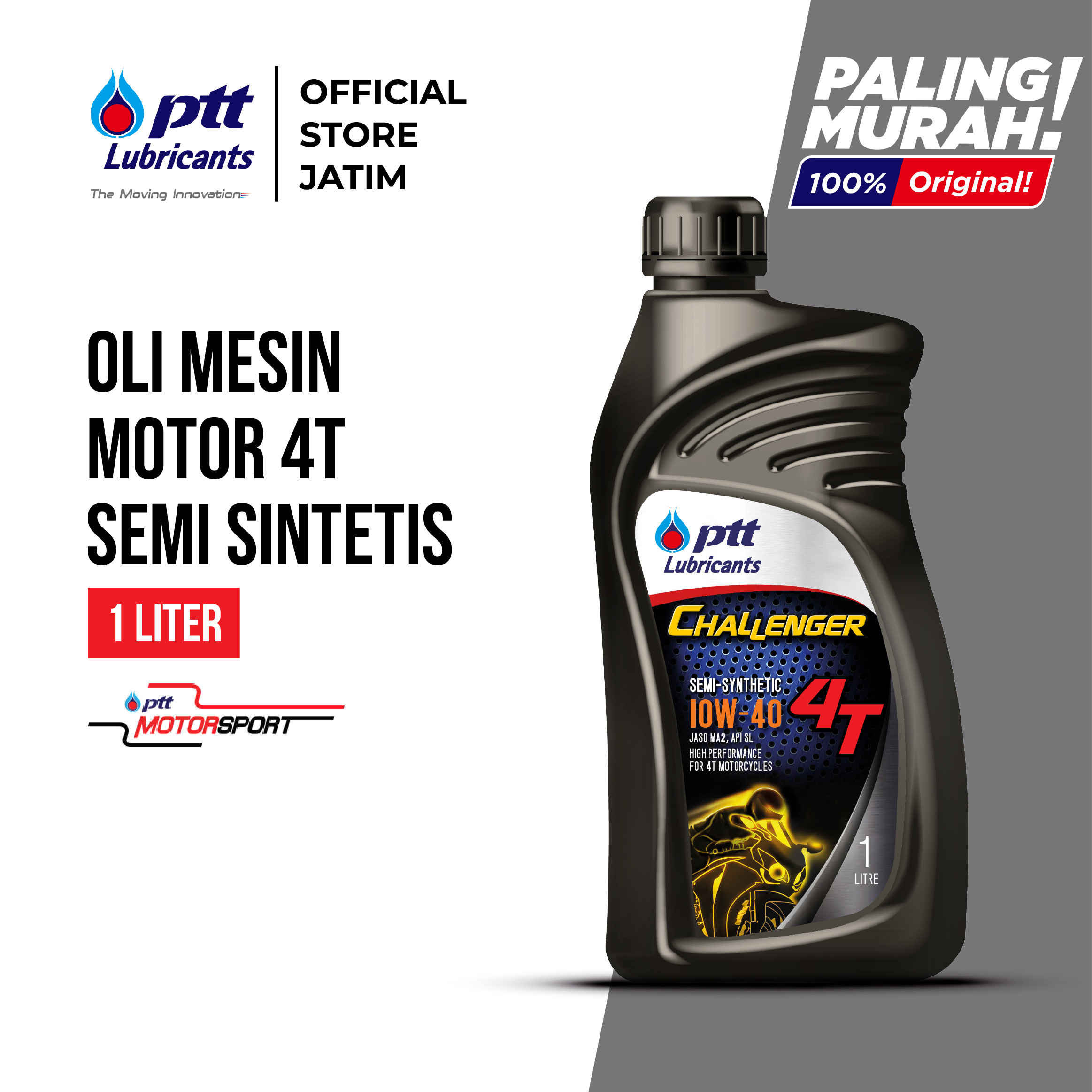 Ptt Lubricants Challenger 4t Sae 10W-40 Jaso Ma2/Sl Motorcycle Oil [1L] Harga 92,000 rupiah*Gratis Ongkir