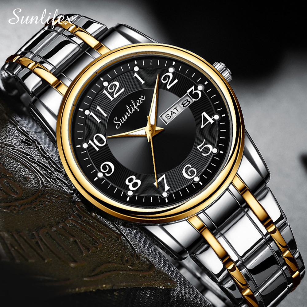 SUNLIFEX Jam Tangan Pria Bercahaya Tanggal Bisnis Klasik Jam Laki Dewasa Kuarsa Jam Tangan Cowok Free Box