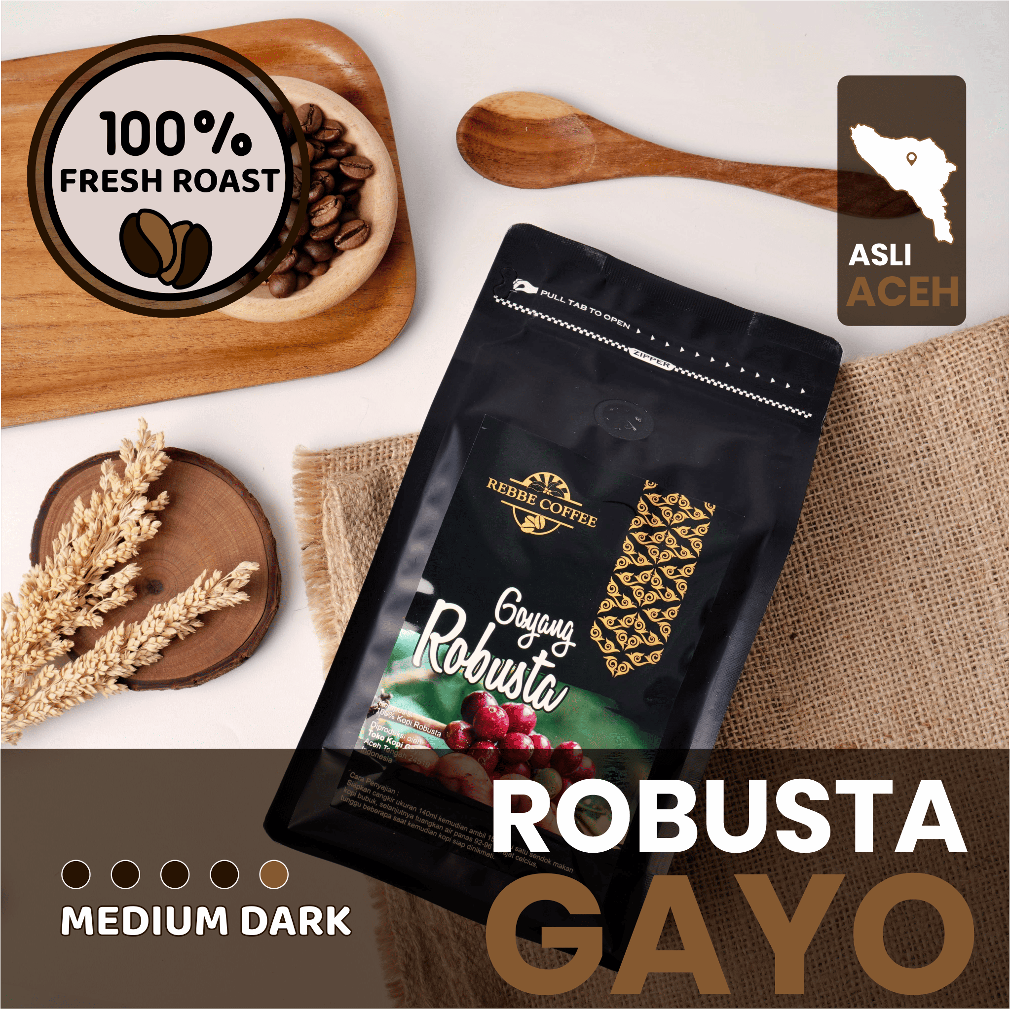 Kopi Robusta Gayo Aceh Premium, Medium to Dark Roast, Kuat & Pekat Goyang Robust 500g