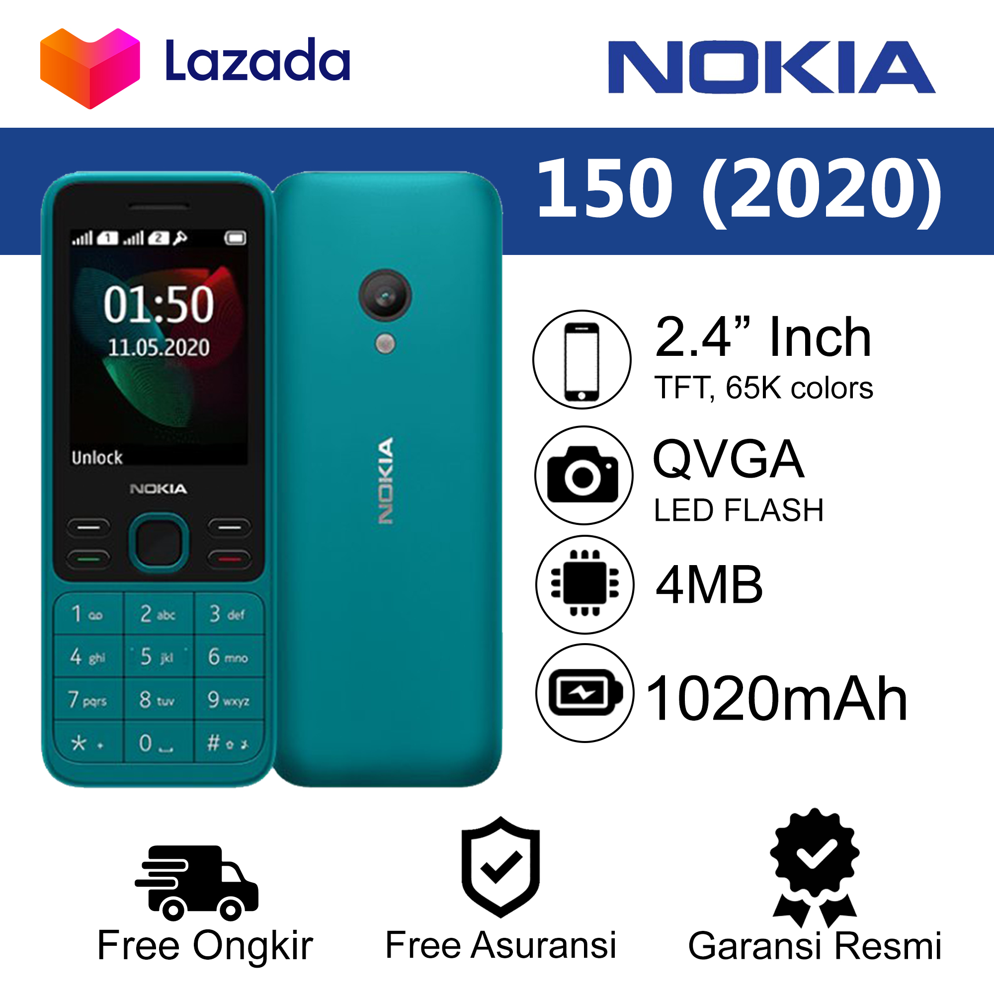 Nokia 150 NEW 2020 - DUAL SIM / RADIO FM DAN PEMUTAR MP3 / LONG BATTERY LIFE 1020mAh / KAMERA VGA & FLASH - Garansi Resmi