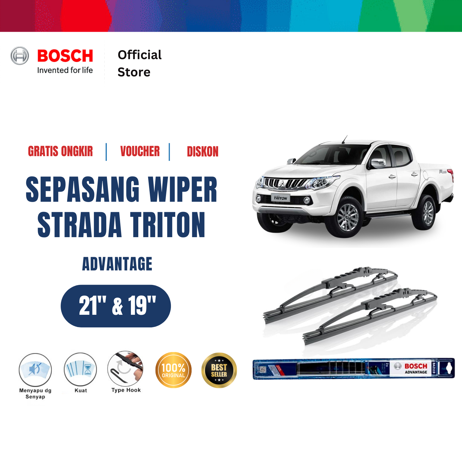 Bosch Sepasang Wiper Kaca Mobil Mitsubishi Triton Advantage 21 dan 19 inchi Giá 131,835 Đồng*Miễn phí vận chuyển
