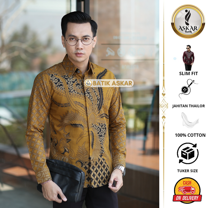 Askar Batik Baju Kemeja Batik Pria Slimfit Lengan Panjang Modern Heem Katun Premium Warna Kuning Lasem Kunyit Harga 199,000 rupiah*Gratis Ongkir