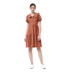 Hamlin Rachel Dress Rample Wanita Collar Vintage Button Layer Trap Lengan Pendek Material Cey Flow ORIGINAL - Bata