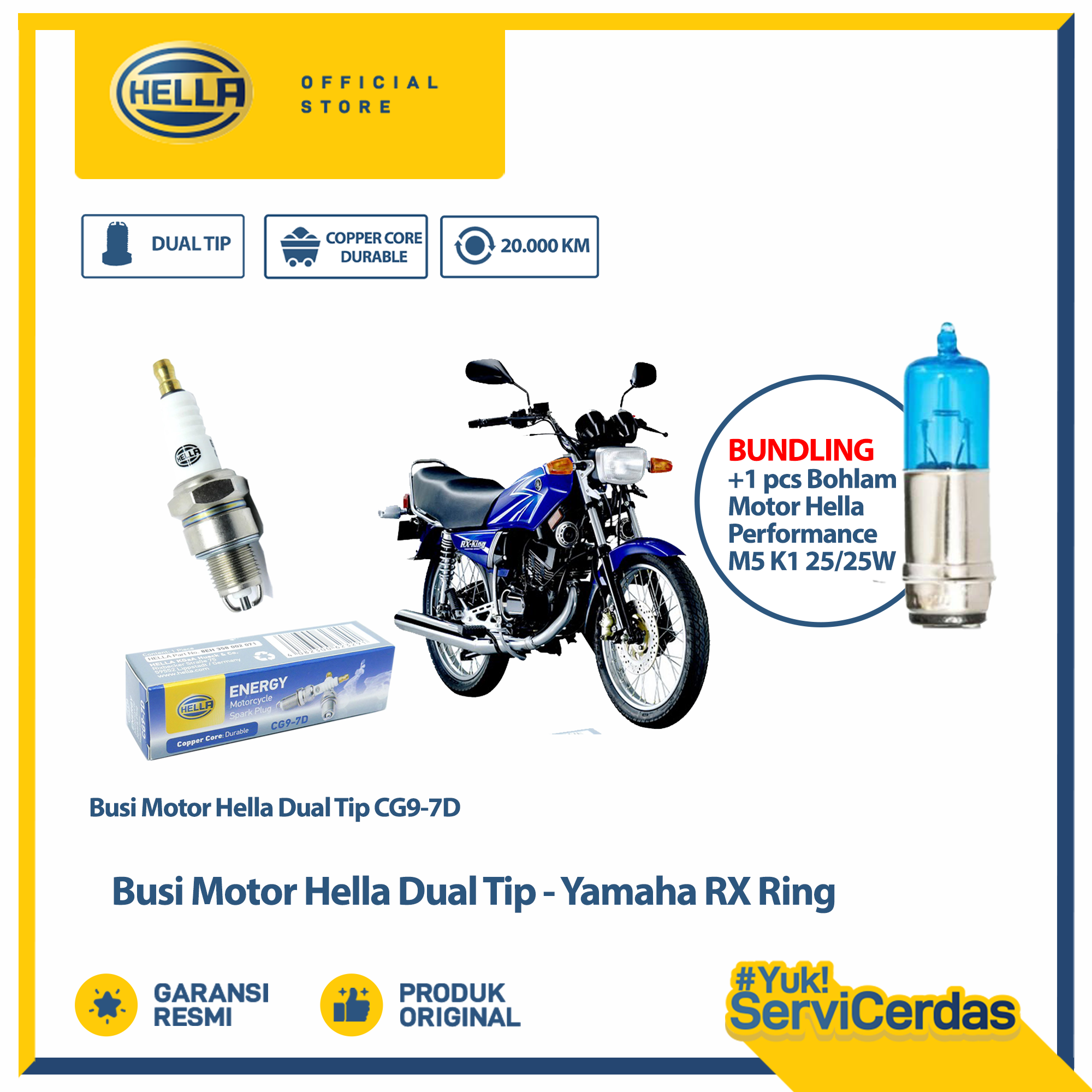 Busi Motor Yamaha RX king Hella Dual Tip CG9-7D Bundling Bohlam Motor M5 12V 25/25W 4500K-1 - Lampu Motor Harga 50,200 rupiah*Gratis Ongkir