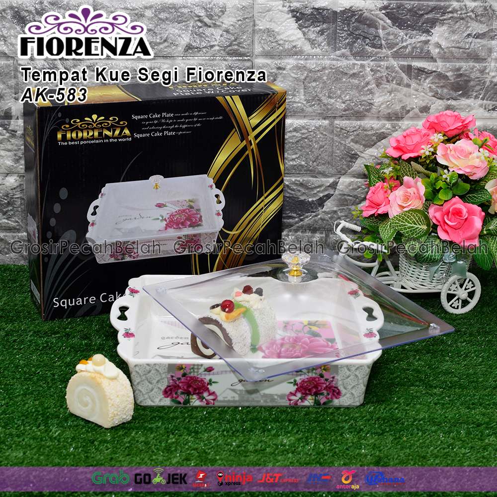 Tempat Wadah Piring Kue Segi Keramik Motif Bunga Fiorenza AK-583