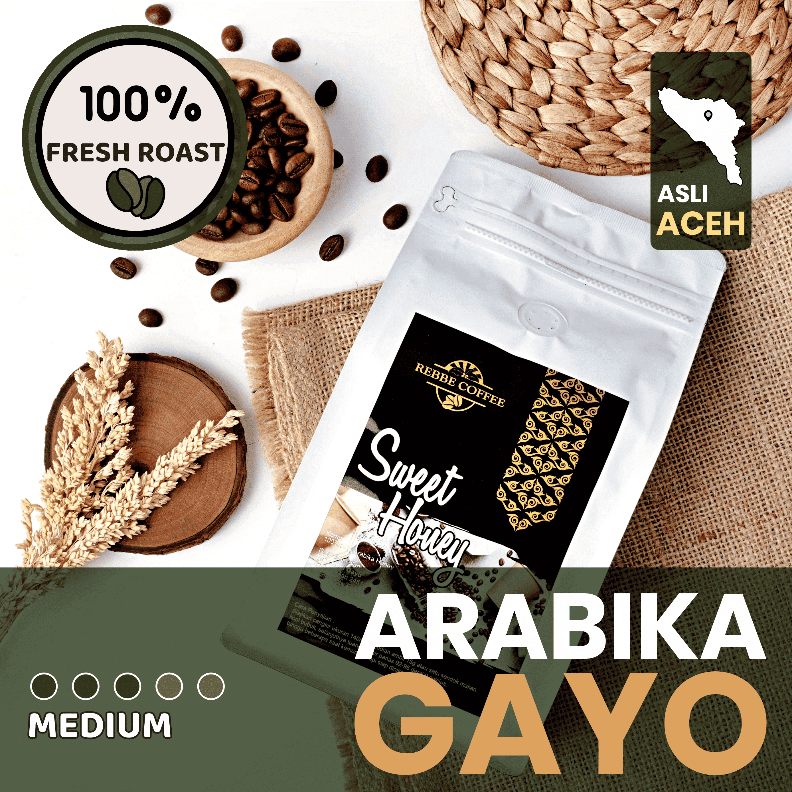 Kopi Arabika Gayo Aceh Honey Process, Medium Roast – Manis Alami & Aromatik SweetHoney 500g