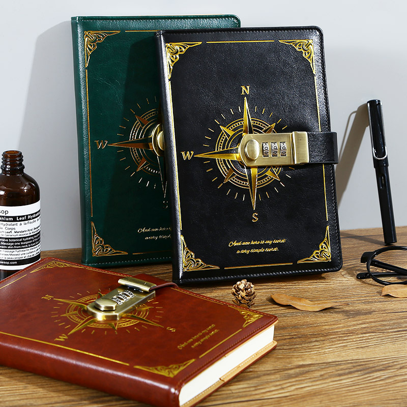 Leather Notebook Diary Journal Book A5 300 Pages with Lock - Paper and Pu Leather - Stationery