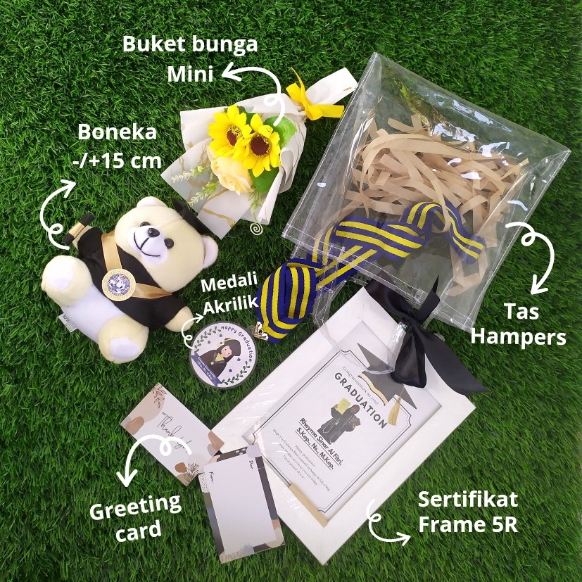 Sertifikat Frame 5R + hadiah bag Hampers tas wisuda buket bunga boneka + custom medali akrilik wanita…