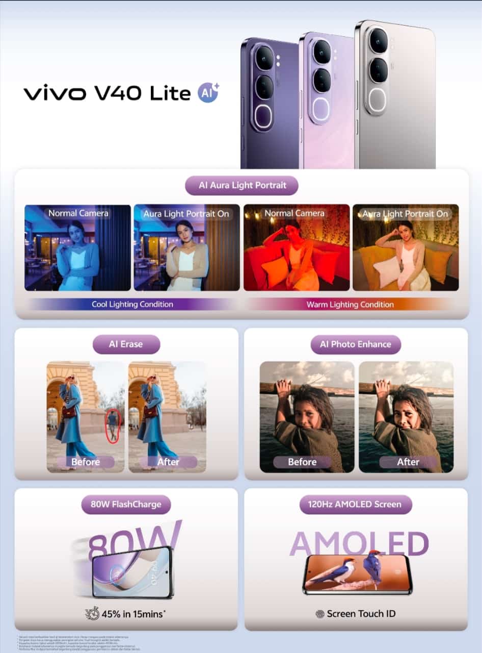 VIVO V40 Lite RAM 8/256 GB GARANSI RESMI ORIGINAL 1 TAHUN Harga  3,450,000 Ringgit*Penghantaran Percuma