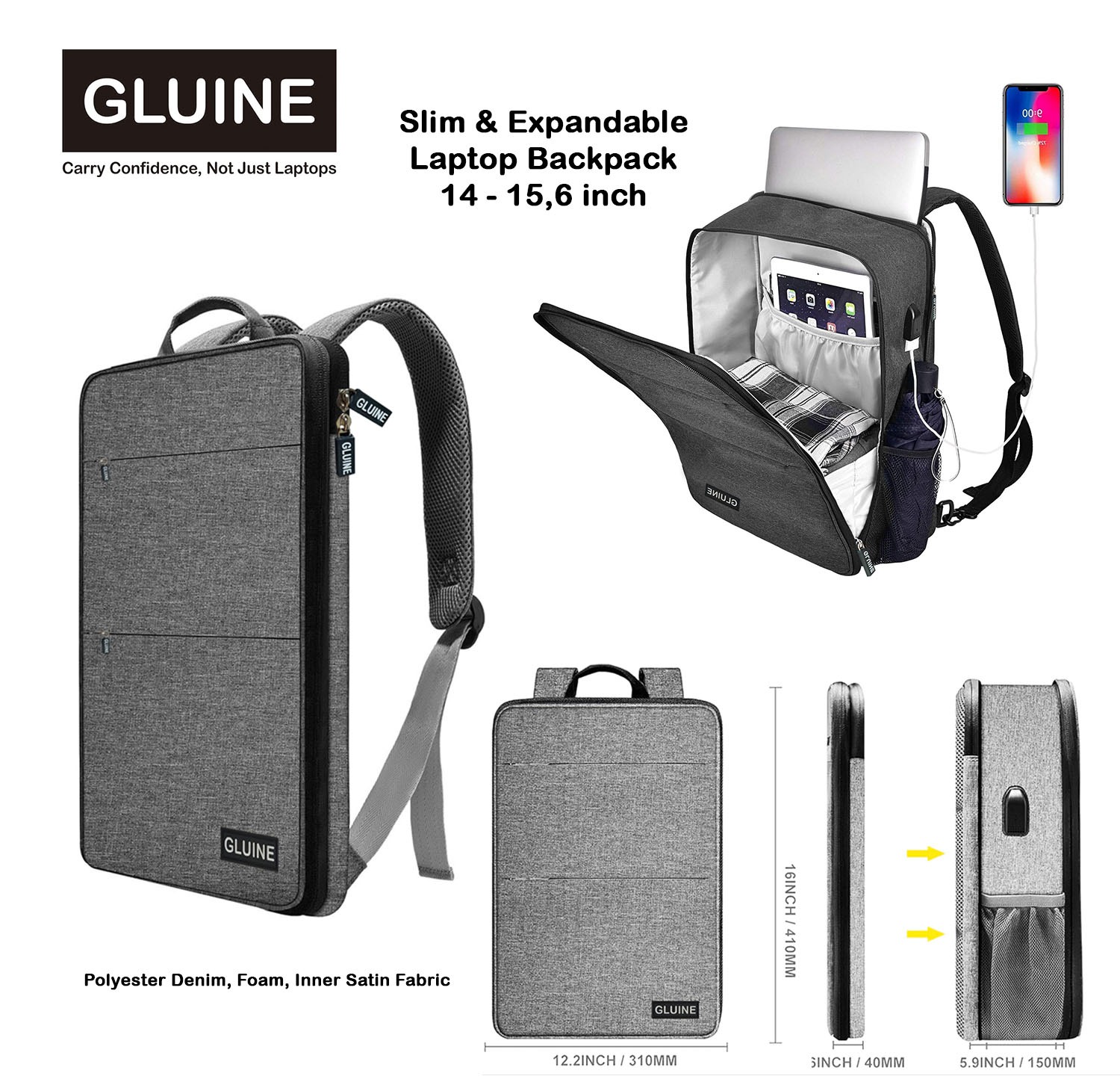 Gluine 168 Slim & Expandable Laptop Bag / Slim & Expandable Laptop Backpack Waterproof Backpack with U…