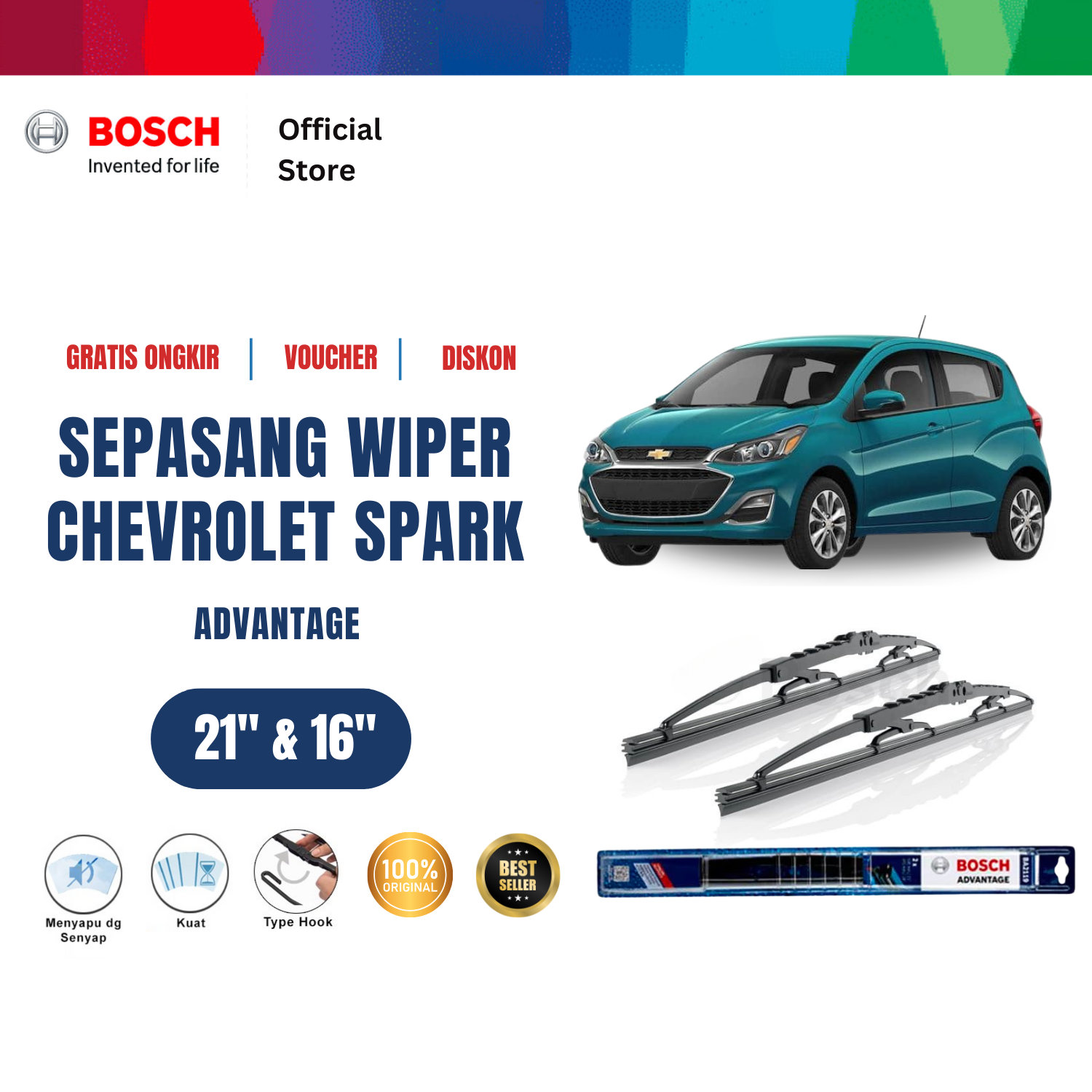 Bosch Sepasang Wiper Kaca Mobil Chevrolet Spark Advantage 21 dan 16 inchi Giá 125,120 Đồng*Miễn phí vận chuyển