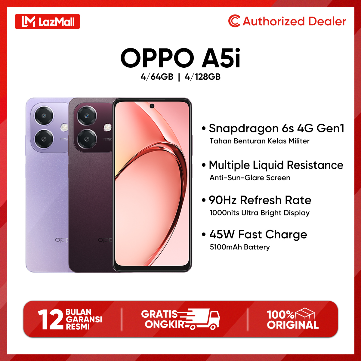 Oppo A5I 4/128Gb Battery 5100Mah 45W Supervooc Lasts up to 4 Years 100% Original Official Guarantee Harga  1,699,000 Ringgit*Penghantaran Percuma