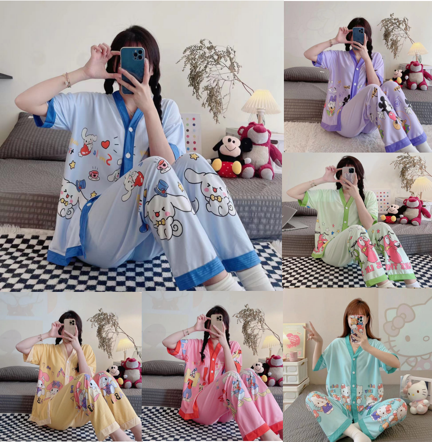 B7 Baju Tidur Piyama Set Kemeja Celana Panjang Baju Lengan Pendek — Piyama Import