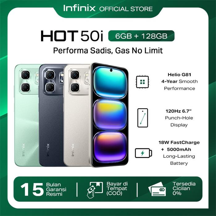 Infinix Hot 50I 6/128Gb - up to 12Gb Extended Ram - Helio G81 - 6.7 Inch 120Hz Punch Hole Display - 48Mp Ai Lens - 5000 Mah Harga  1,350,000 Ringgit*Penghantaran Percuma
