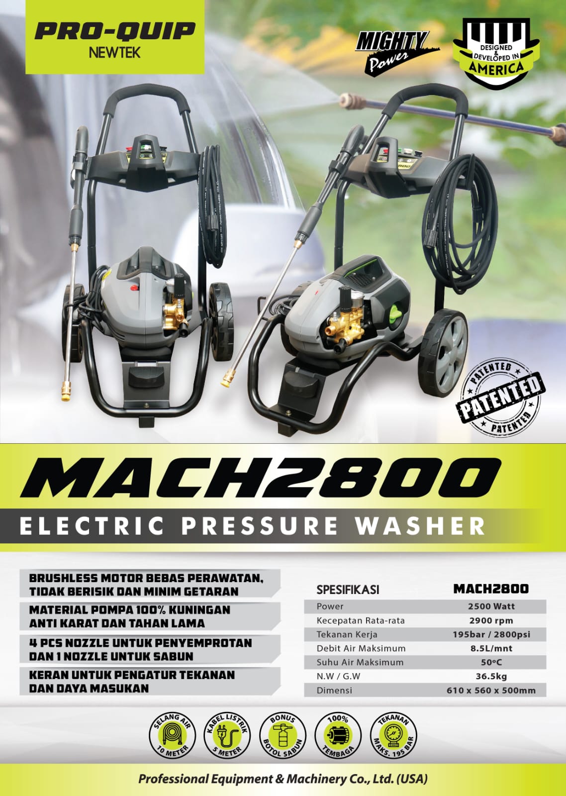 Jet Cleaner ELECTRIC PROQUIP MACH2800 / Mesin High Pressure Washer MACH 2800 - Mesin Steam Cuci Motor Mobil LISTRIK MACH-2800 PROQUIP Harga 5,966,631 rupiah*Gratis Ongkir