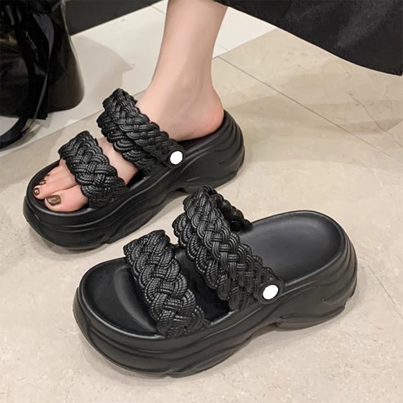 Sandal Wedges Wanita Elegan Kulit PU Tali Tenun Tinggi 8cm Warna