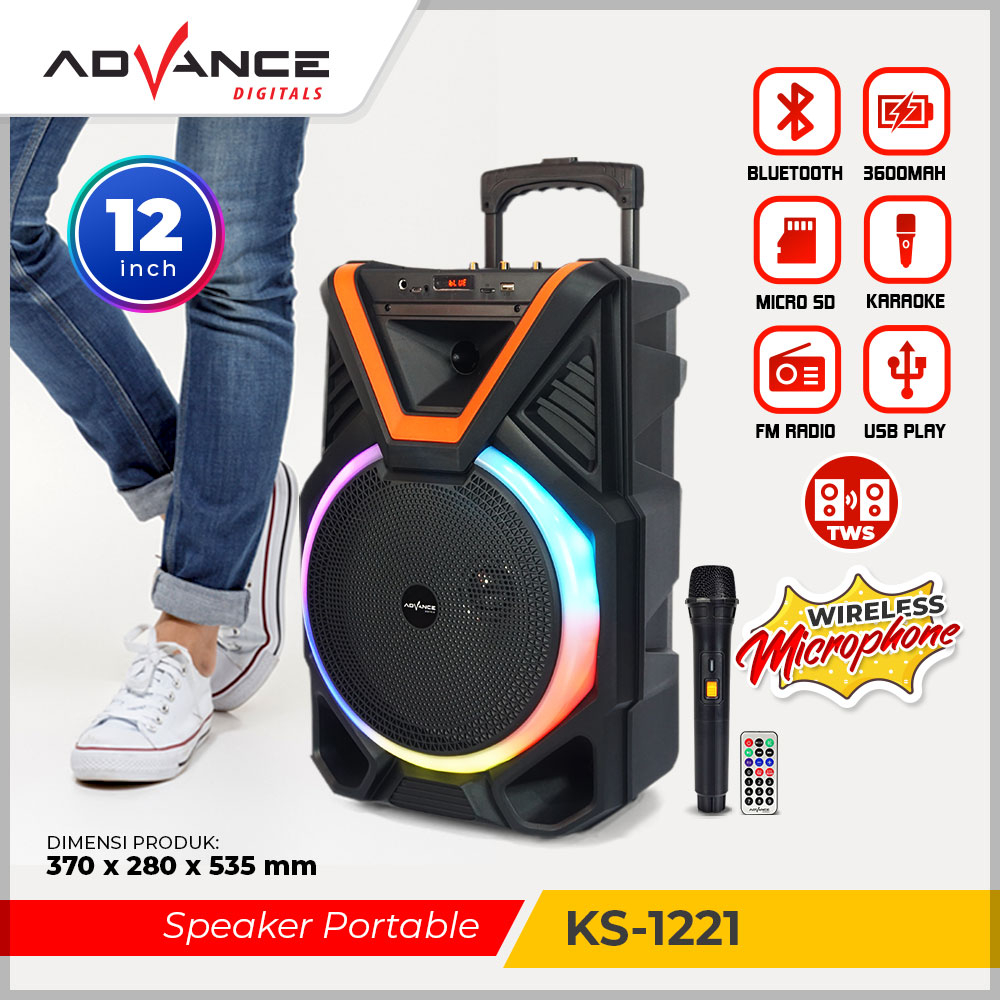 【Ready+Bisa dikirim hari ini】Advance Speaker Bluetooth Karaoke TWS 12inch+1xMic Wireless KS221 Harga 689,000 rupiah*Gratis Ongkir