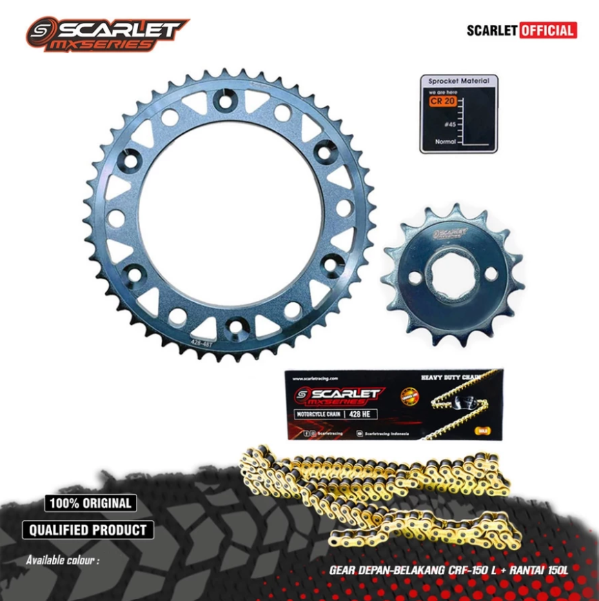 Scarlet Racing - Gear Set Front Rear Titanium Series Crf 428 Plus Gold Chain 150 L Harga 420,500 rupiah*Gratis Ongkir