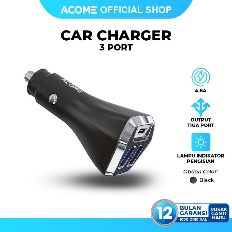 ACOME Car Charger ACC07 Dual Port USB-A USB-C 4.8A QC3.0 Colokan Mobil Support Fast Charging Device Black Original - Garansi 1 Tahun Harga 49,900 rupiah*Gratis Ongkir