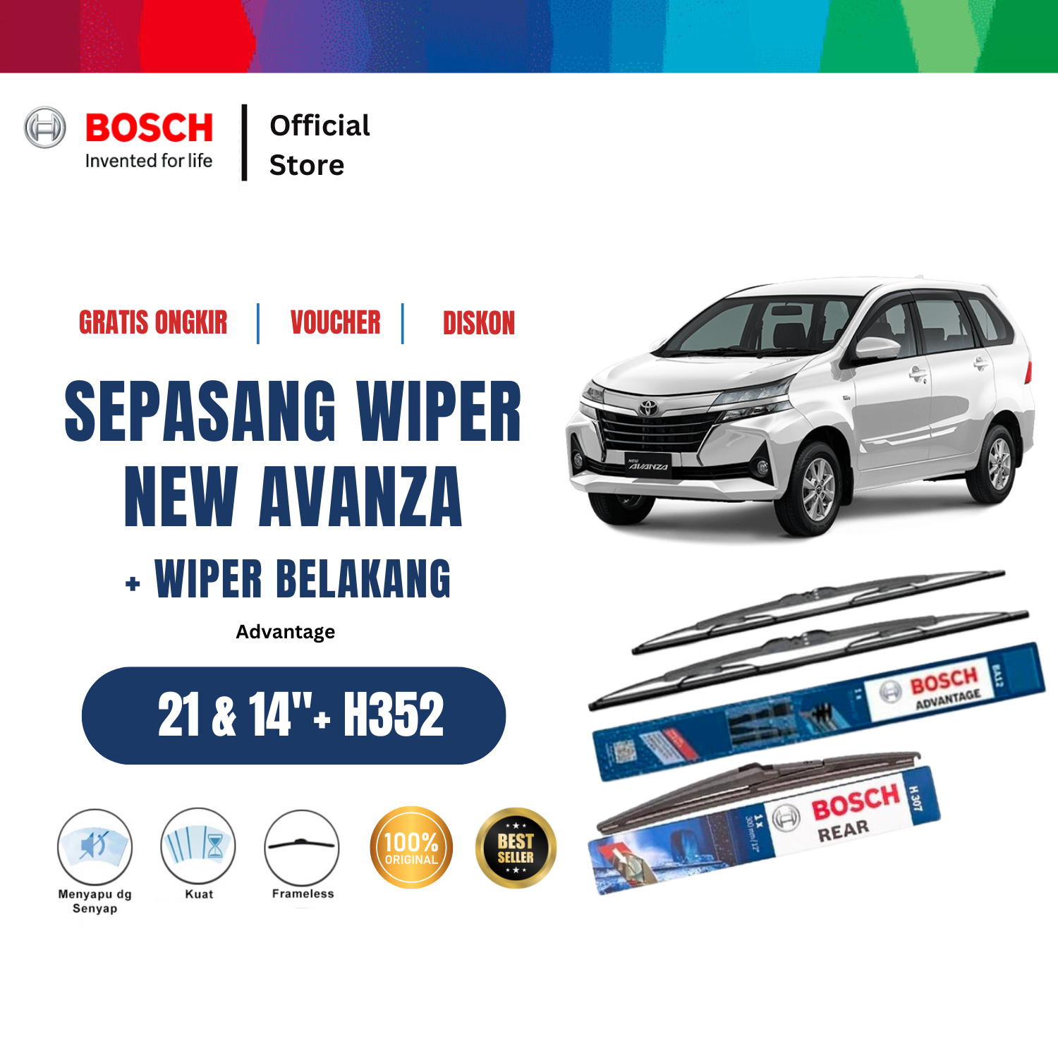 Bosch Wiper Depan dan Belakang Kaca Mobil Toyota New Avanza Advantage 21 dan 14 inchi dan H352 Harga 225,250 rupiah*Gratis Ongkir