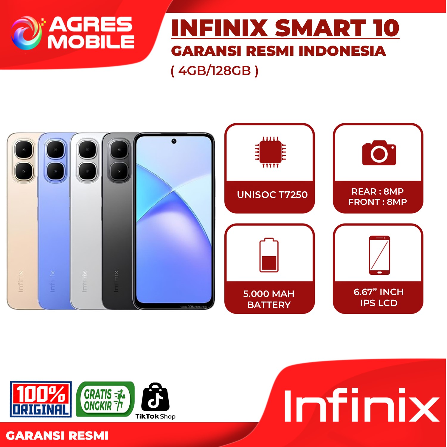 Infinix Smart 10 4GB/128GB Garansi Resmi Infinix Indonesia Giá 1,259,000 Đồng*Miễn phí vận chuyển