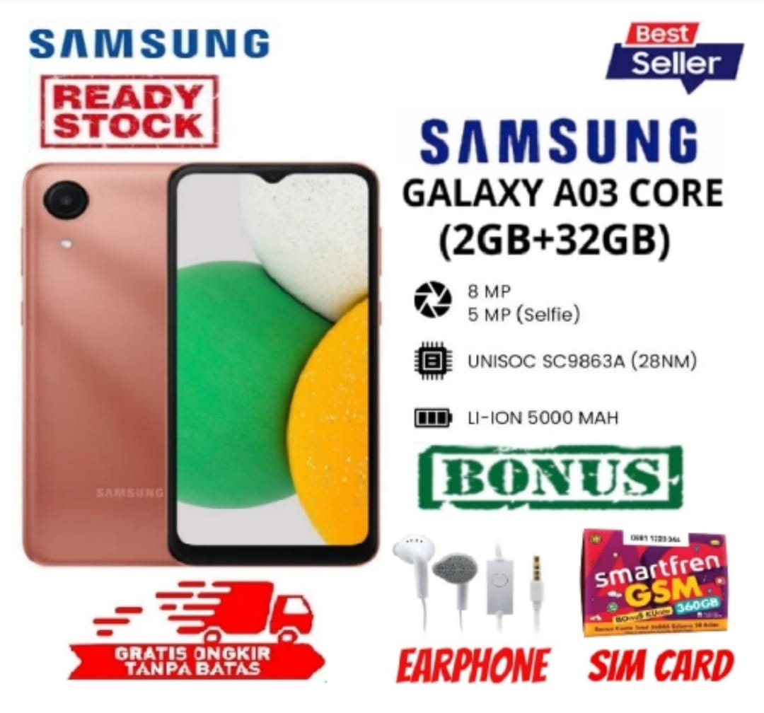 Samsung Galaxy A03 Core | OS Android | Ram 3/32 GB | Chipset Unisoc | Baterry 5000 mAh - Bergaransi Harga  850,000 Ringgit*Penghantaran Percuma