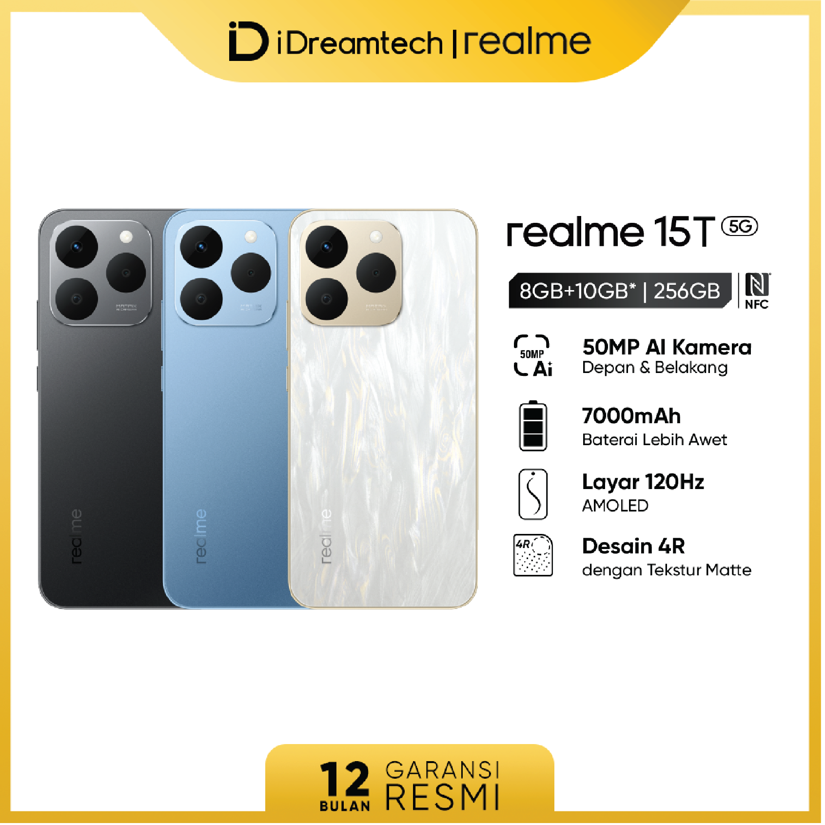 Realme 15t 8Gb+10Gb* | 256Gb (7000Mah Battery | Nfc | Ip66/68/69 Waterproof | 120Hz Amoled Display | 60W Fast Charge | 50Mp Ai Camera) Harga  3,999,000 Ringgit*Penghantaran Percuma