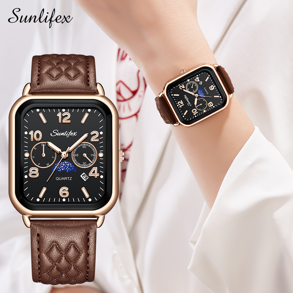 Sunlifex Jam Tangan Wanita Korean Kasual Mode Tali Kulit Kuarsa Jam Tangan Cewek