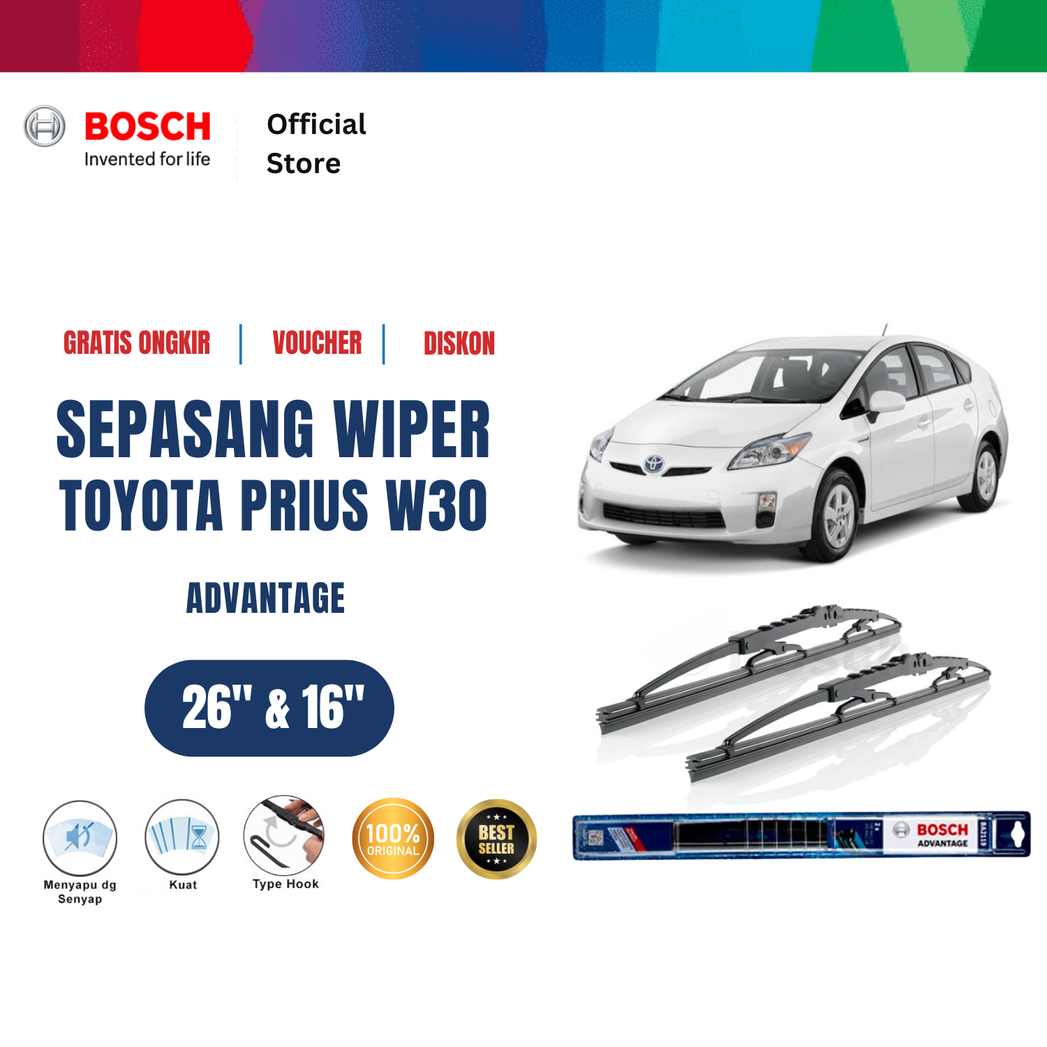 Bosch Sepasang Wiper Kaca Mobil Toyota Prius W30 2009-on Advantage 26" & 16" - 2 Buah/Set - Hitam Harga 157,420 rupiah*Gratis Ongkir