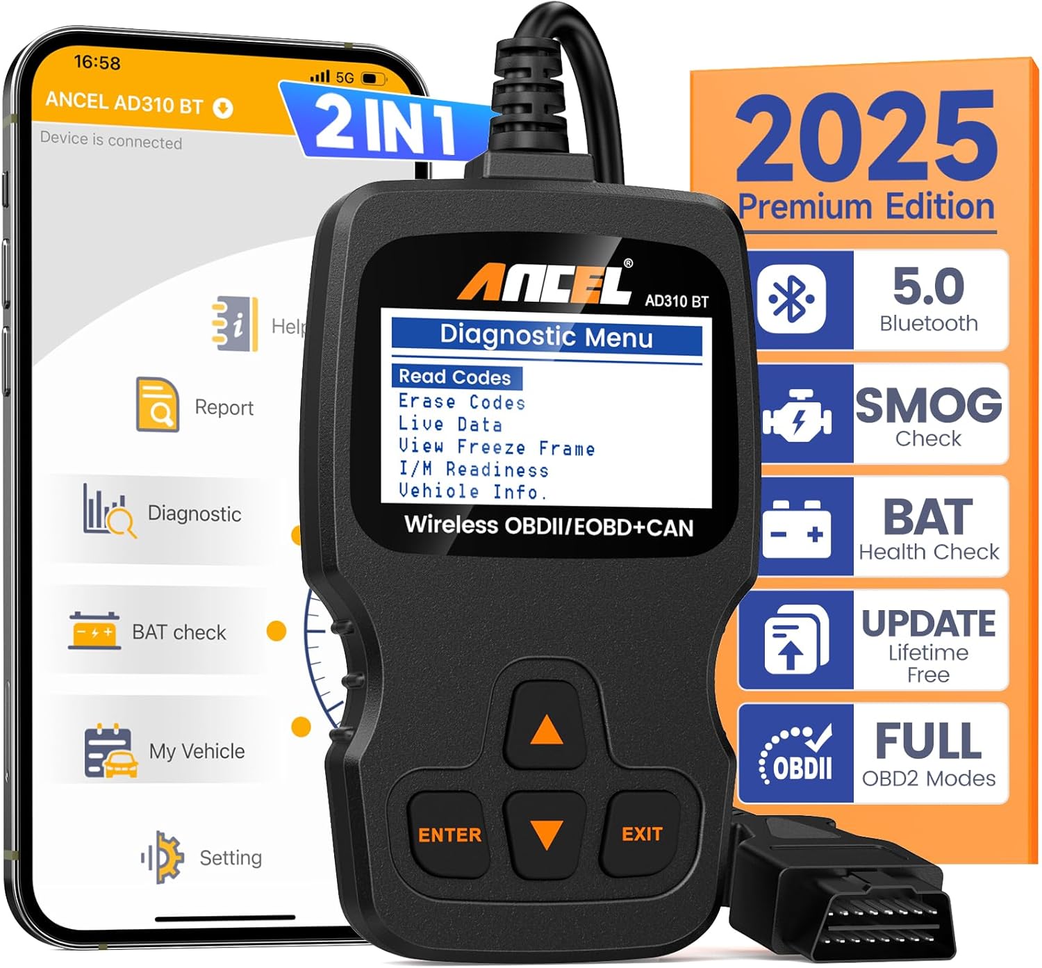 ANCEL AD310 BT OBD2 Scanner Check Engine Clean Code Reader Car Auto EOBD ODB 2 Diagnostic Scan HUD Display Speed/RPM Gauge Meter Tool For All Universal Cars【Bluetooth App】 Harga 440,000 Ringgit*Penghantaran Percuma