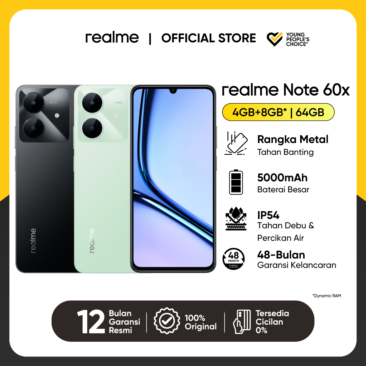 realme Note 60x 4GB+8GB*|64GB Rangka Metal Tahan Banting | Baterai Besar 5000mAh | Tahan Debu dan Percikan Air | Garansi Kelancaran hingga 48-Bulan Giá 1,299,000 Đồng*Miễn phí vận chuyển