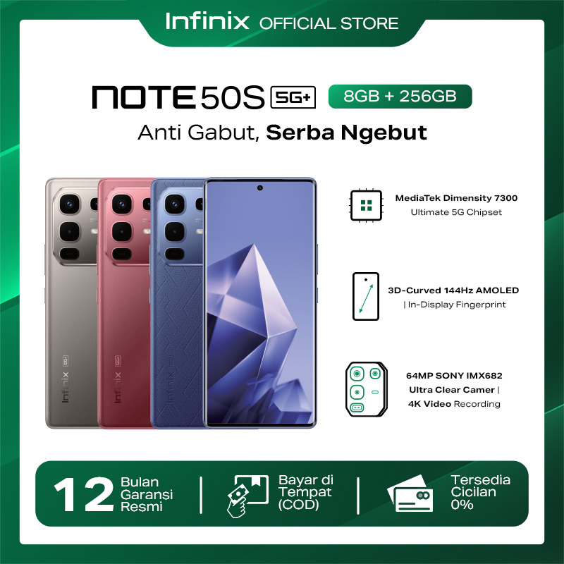 Infinix Note 50S 5g+ 8/256Gb - up to 16Gb Extended Ram - Dimensity 7300 Ultimate - 6.78” 3D Curved Fhd+ Amoled - 64Mp Ois - 5200 Mah - Nfc Harga 2,939,000 rupiah*Gratis Ongkir