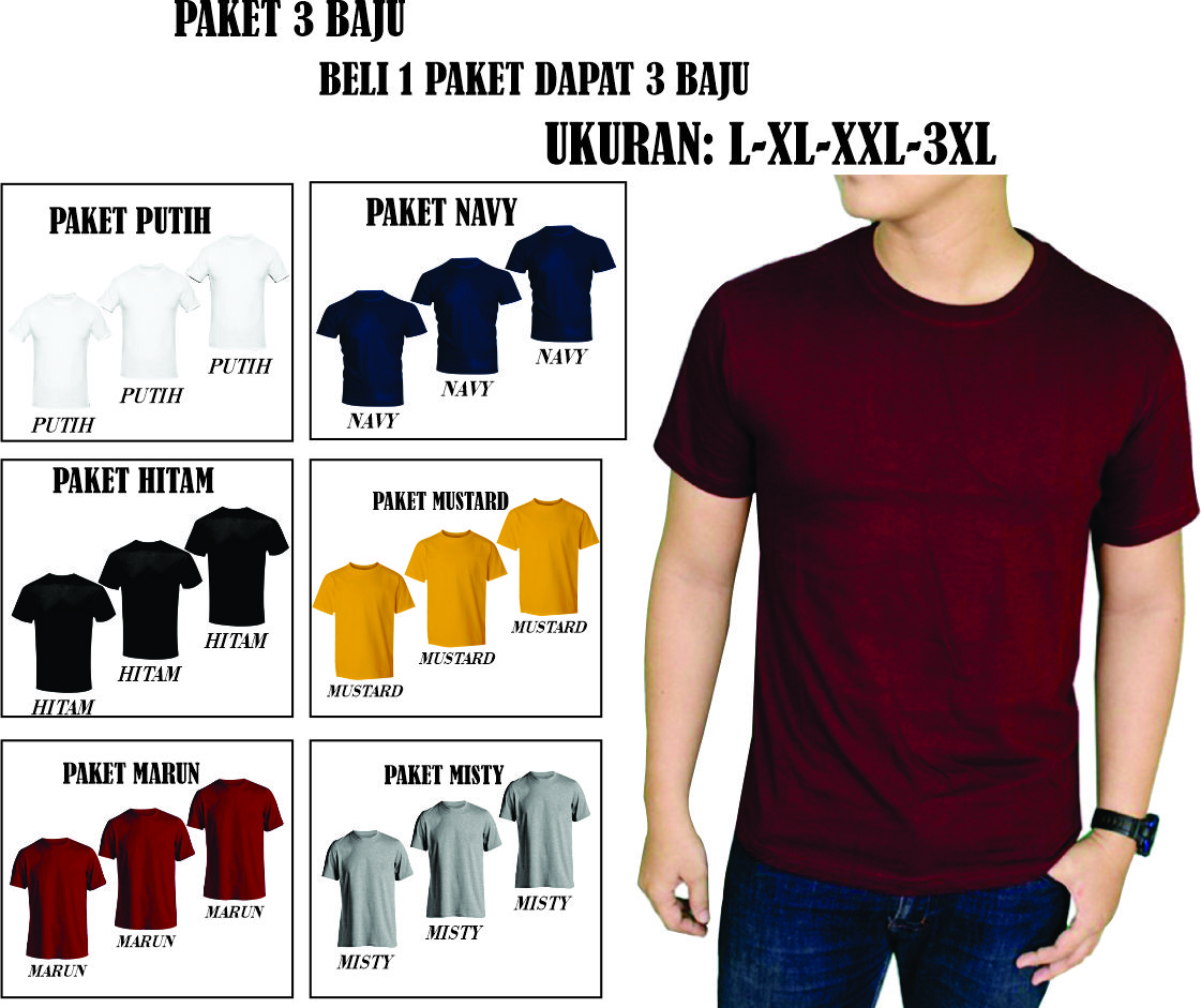 PAKET BAJU-KAOS POLOS DEWASA COTTON COMBED UKURAN L-XL-XXL-3XL