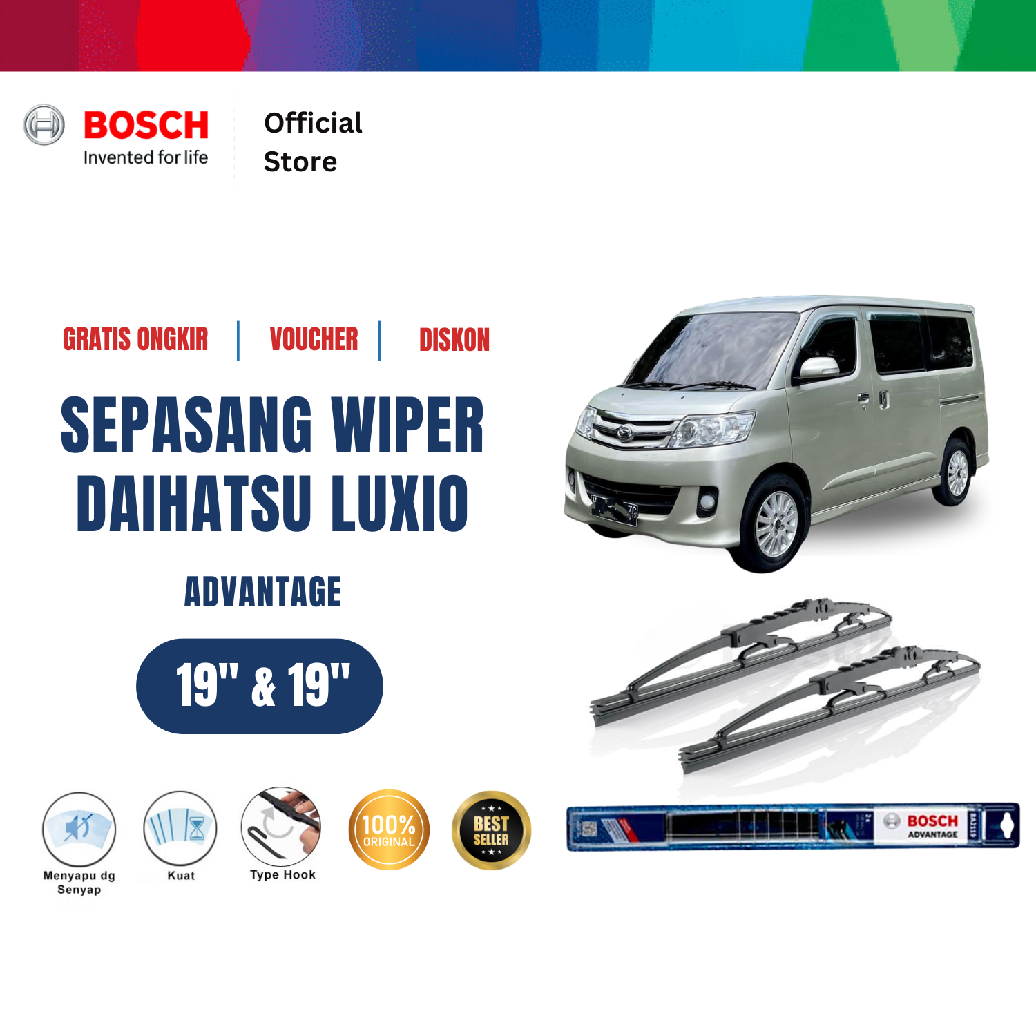 Bosch Sepasang Wiper Kaca Mobil Daihatsu Luxio Advantage 19 dan 19 inchi Harga 124,100 rupiah*Gratis Ongkir