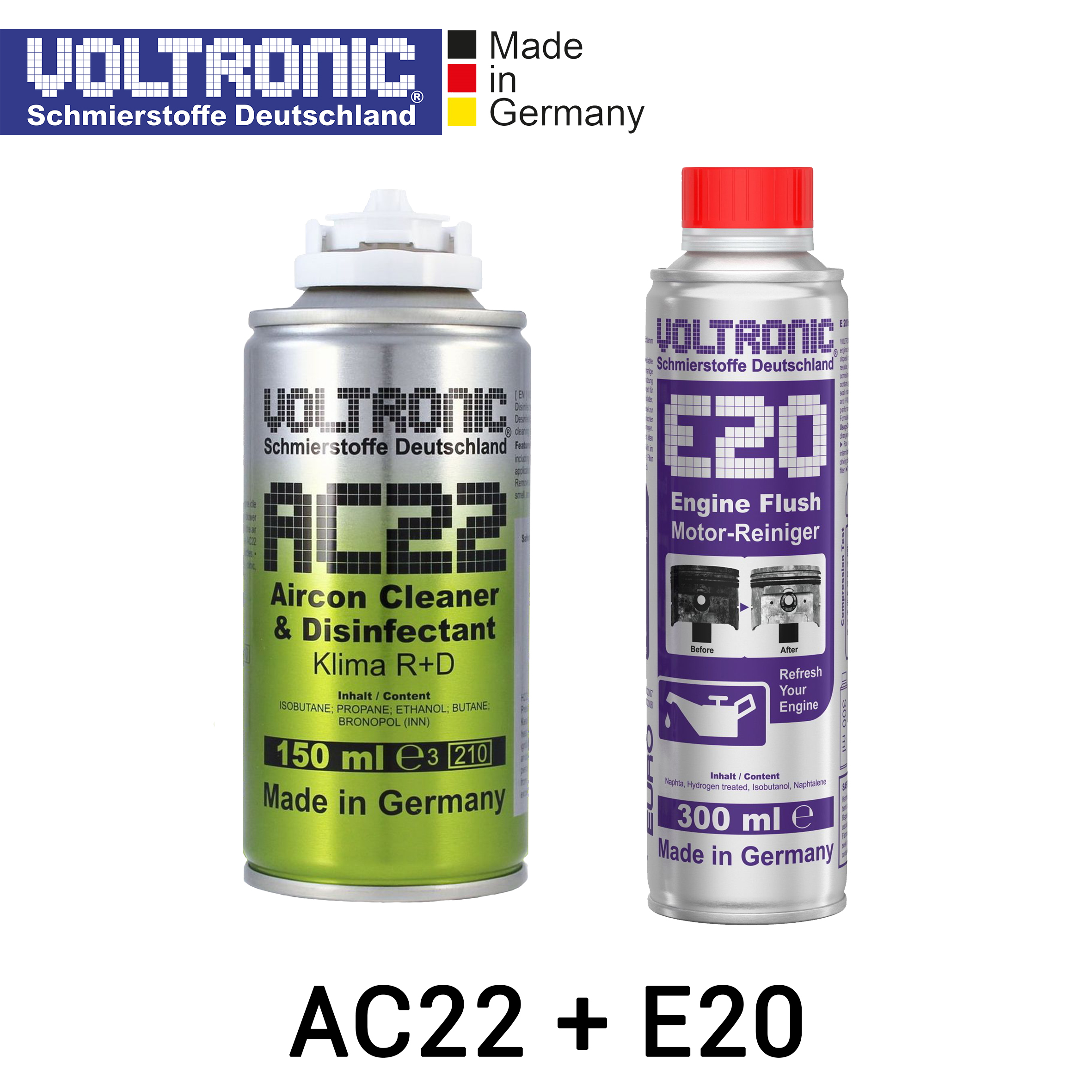 VOLTRONIC AC22 + E20 Bundling Set; Aircon + Evaporator Cleaner & Disinfectant - Pembersih AC Mobil Biar Dingin dan Membunuh Kuman Disinfektan, Cuci AC Mobil; - Engine Flush, Engine Cleaner, Carbon Clean - Pembersih Mesin Mobil, Pembersih Ruang Bakar Harga 659,000 rupiah*Gratis Ongkir
