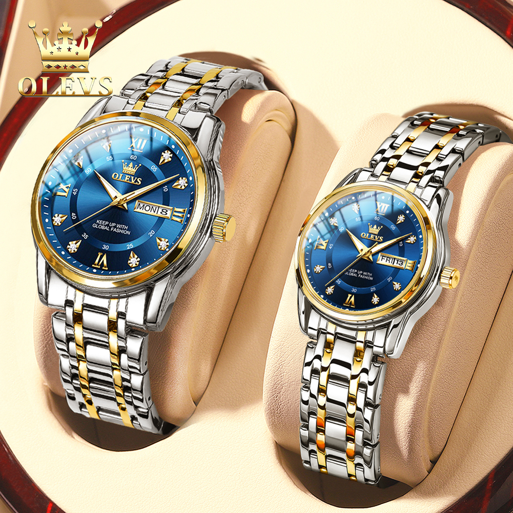 OLEVS jam tangan couple terbaru 2025 elegan mewah anti air bercahaya Kalender berlian stainless steel…