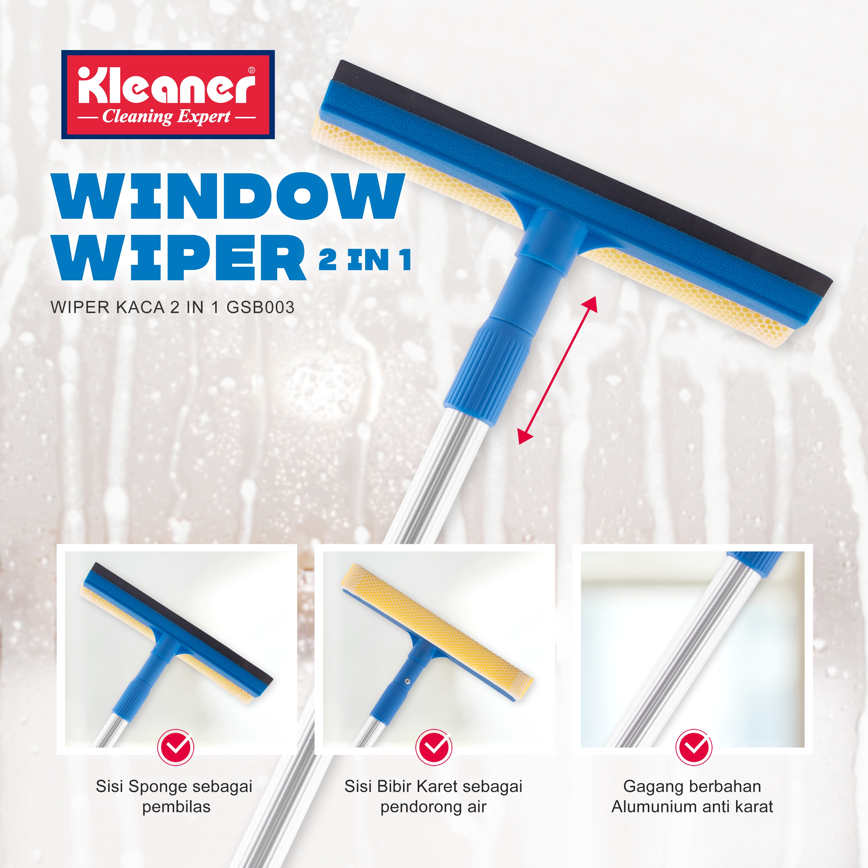 Kleaner Wiper Teleskopik 2 in 1 Alat Pembersih Kaca Window Wiper Serbaguna GSB003 Harga 83,328 rupiah*Gratis Ongkir