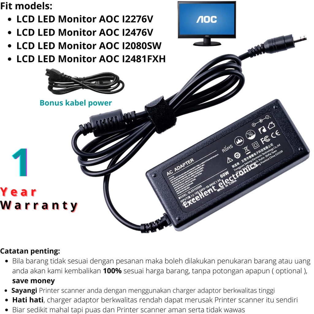 aoc led monitor power adapter